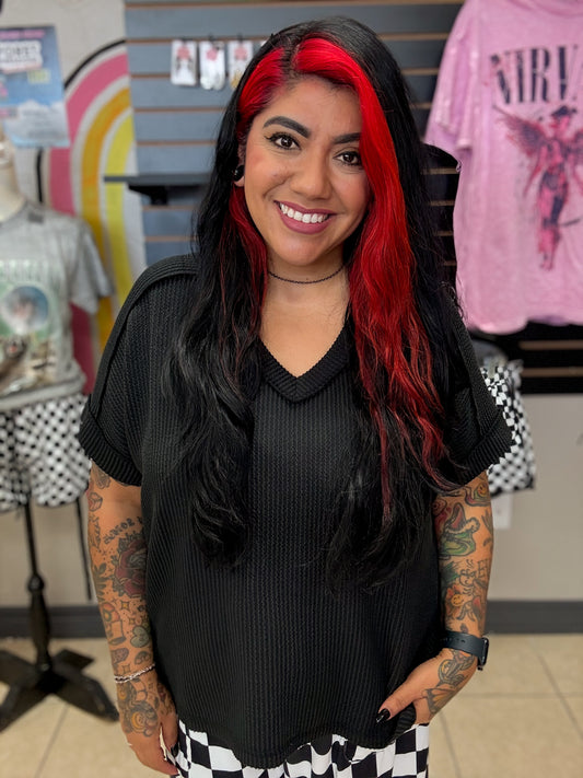 Black Corded Short Sleeve Hi-Low V Neck Top