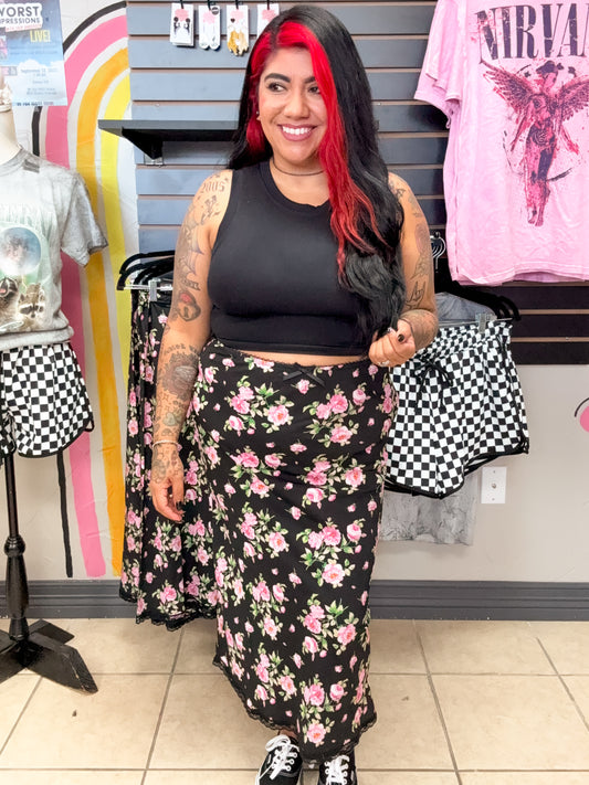 Satin Black Rose Midi Skirt