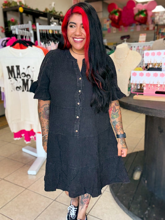 Mineral Washed Black Gauze Dress